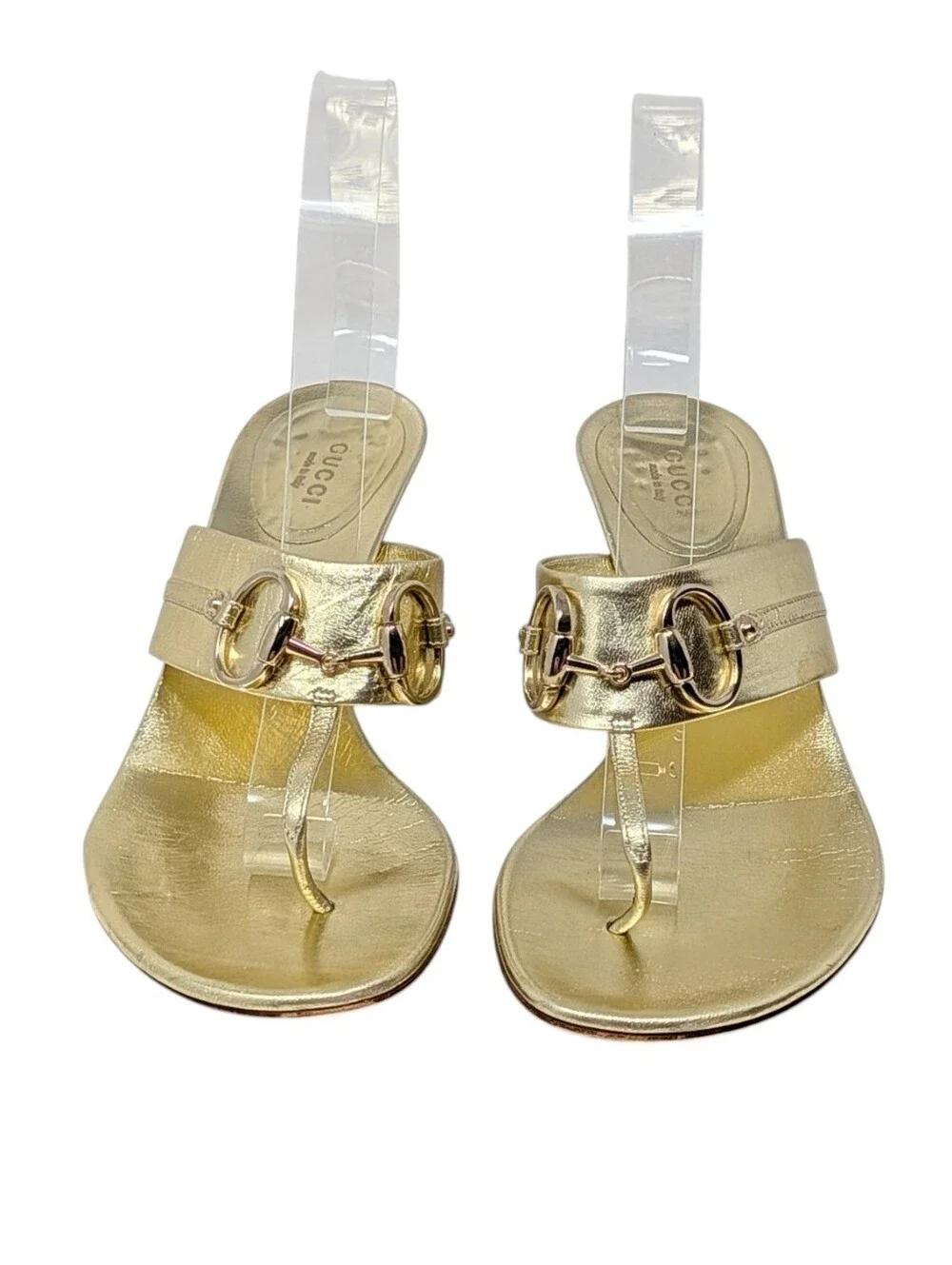 Gucci Gold T-Strap Horsebit Heeled Dress Up Thong Sandals Size 8